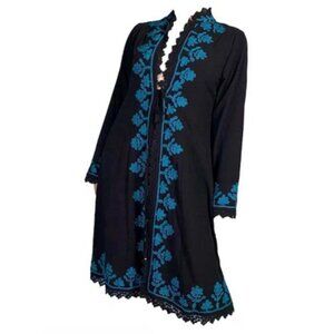 Soft Surroundings Black Teal LARGE Embroidered Padma Black Duster Jacket Robe EC
